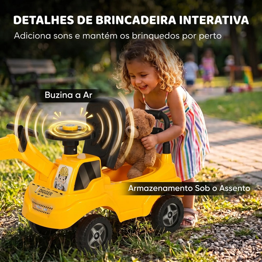 Escavadora sem Pedais para Crianças 1-3 Anos com Buzina de Ar Braço Escavador e Arrumação 15 kg Amarelo