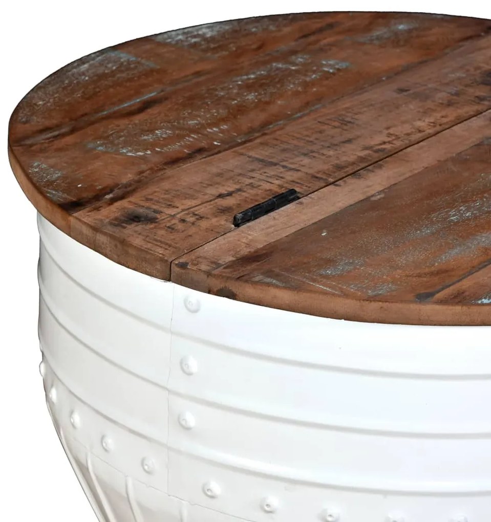 Mesa centro madeira reciclada maciça branca em forma de barril