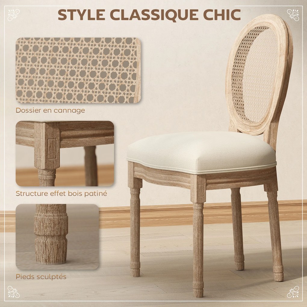 Conjunto de 2 Cadeiras de Jantar Medalhão, 49 x 56 x 96 cm, Encosto em Palhinha, Creme