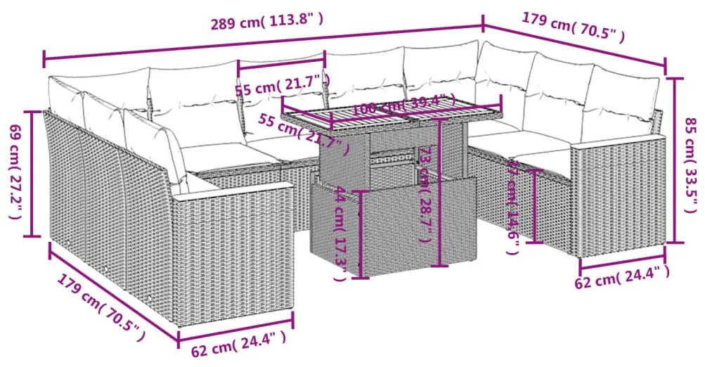 10 pcs conjunto de sofás p/ jardim com almofadões vime PE bege