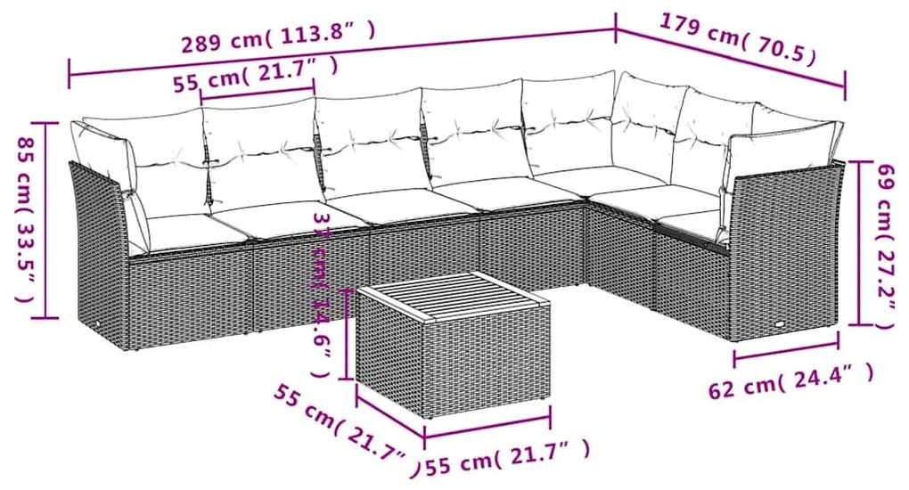 8 pcs conjunto sofás de jardim com almofadões vime PE preto