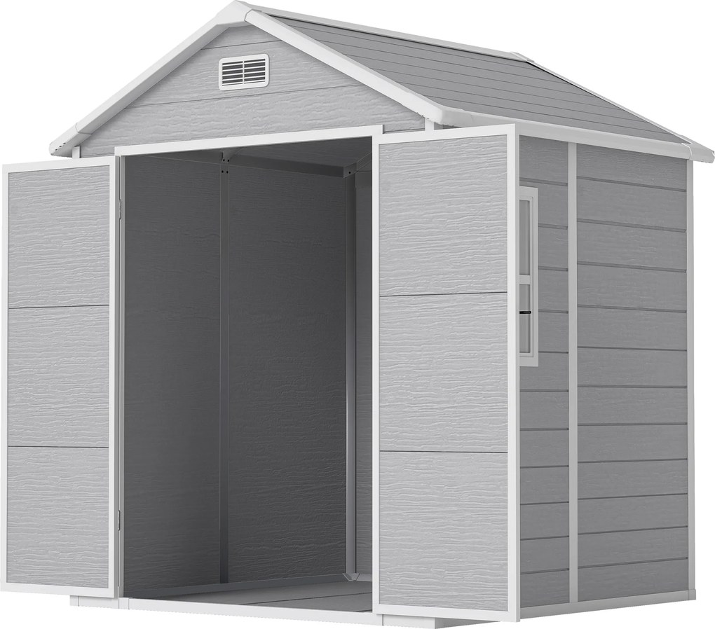 Abrigo de Jardim em Resina 182x151x219 cm com Piso Janela Ventilação Portas Duplas Cinzento