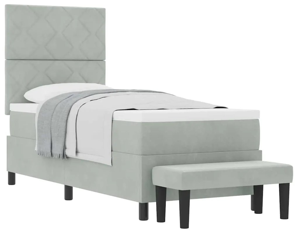 Cama Box Spring com Colchão e Banco Cinza Claro 80x200 cm Veludo