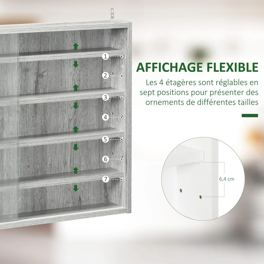 Vitrine de parede para objetos de coleção com 4 prateleiras reguláveis em altura e 2 portas de correr 80 x 9,5 x 60 cm cinzenta