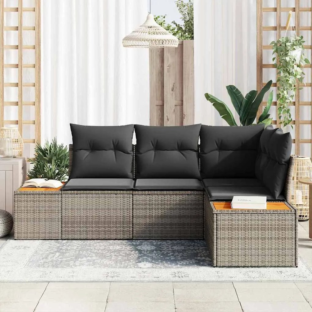 Conjunto de Sofá de Jardim com 4 Peças e Almofadas de Polirattan Cinza