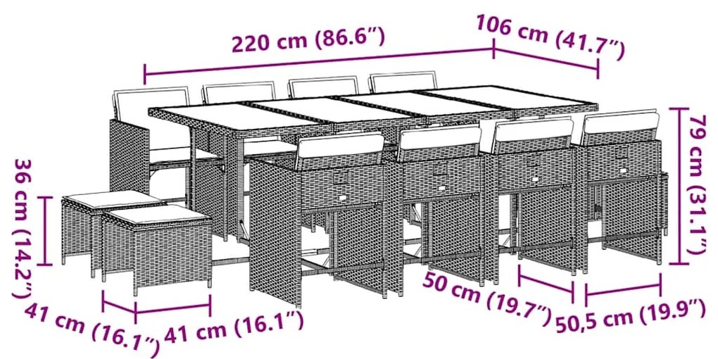 13 pcs conj. jantar jardim c/ almofadões vime PE cinzento-claro