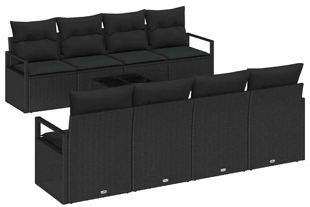 Conjunto de sofá de jardim com 9 peças e almofadas pretas de rattan