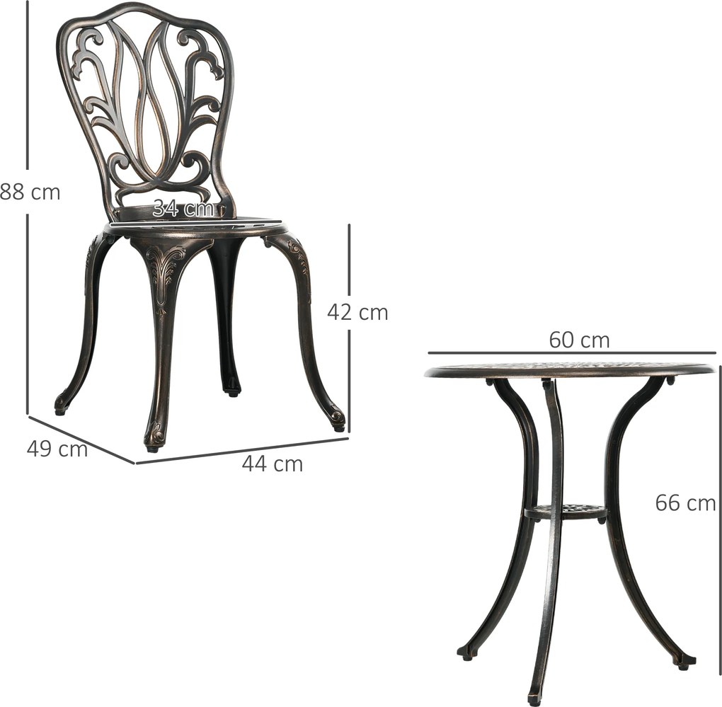 Conjunto de jardim de 2 lugares com 2 cadeiras + mesa redonda em estilo retro, em alumínio fundido e bronze