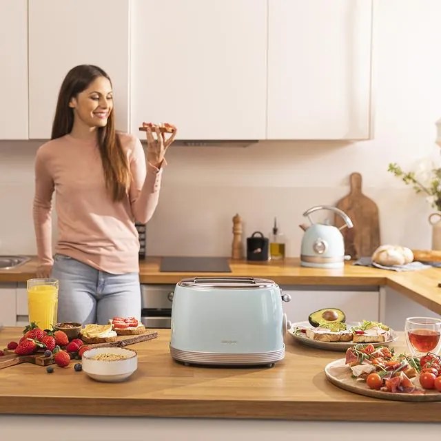 Torradeira Toast&Taste 800 Vintage Light Blue. 850 W, Dupla Ranhura Curta Extra Larga 3,8 cm, 2 Torradas, Acabamento em Aço Inoxidável, Estilo Vintage