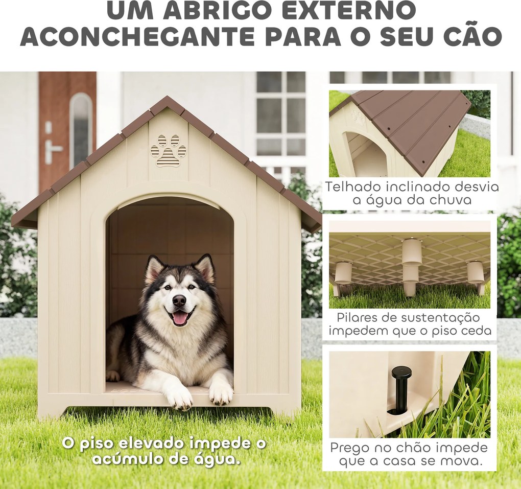 Casota para Cães Exterior Extragrande em Plástico com 2 Janelas, Base Elevada e Estacas Bege