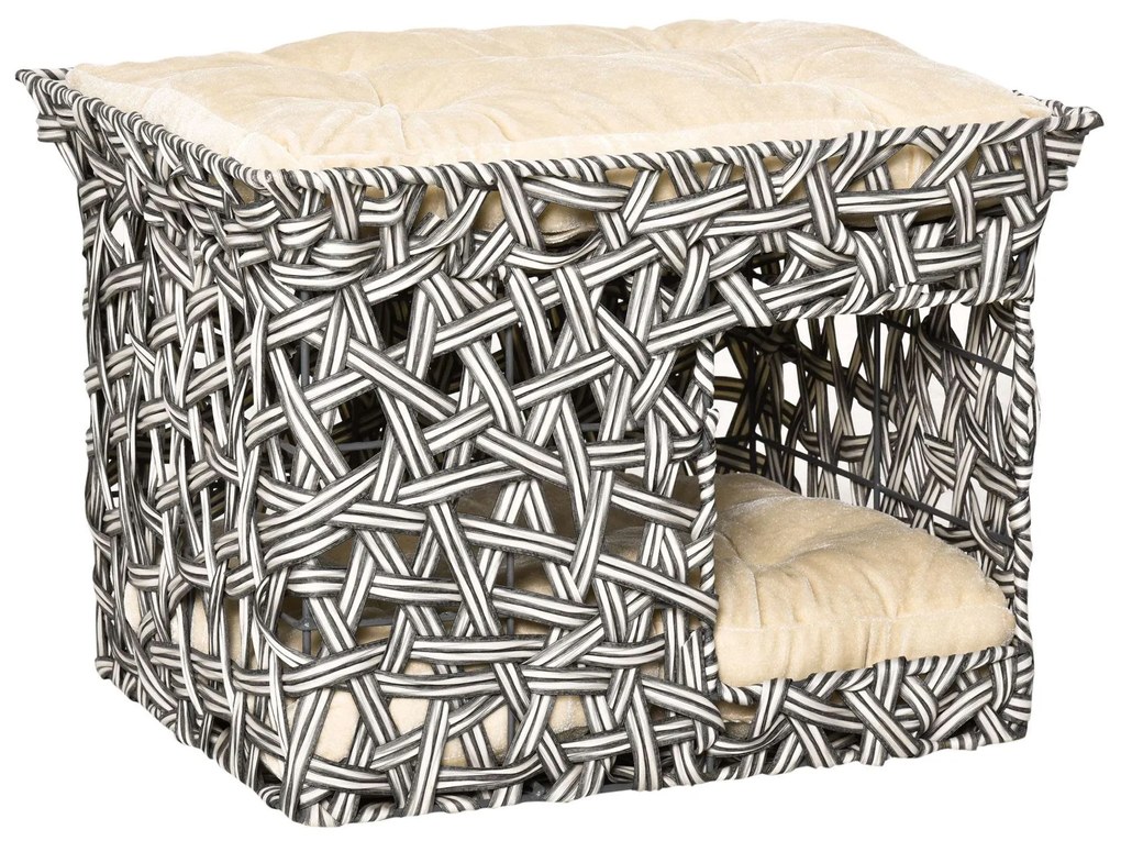 PawHut Cesta de Vime para Gatos de 2 Níveis Cama Caverna de Gatos com 2 Almofadas Suaves Estrutura de Metal 51x42x37cm Cinza e Bege