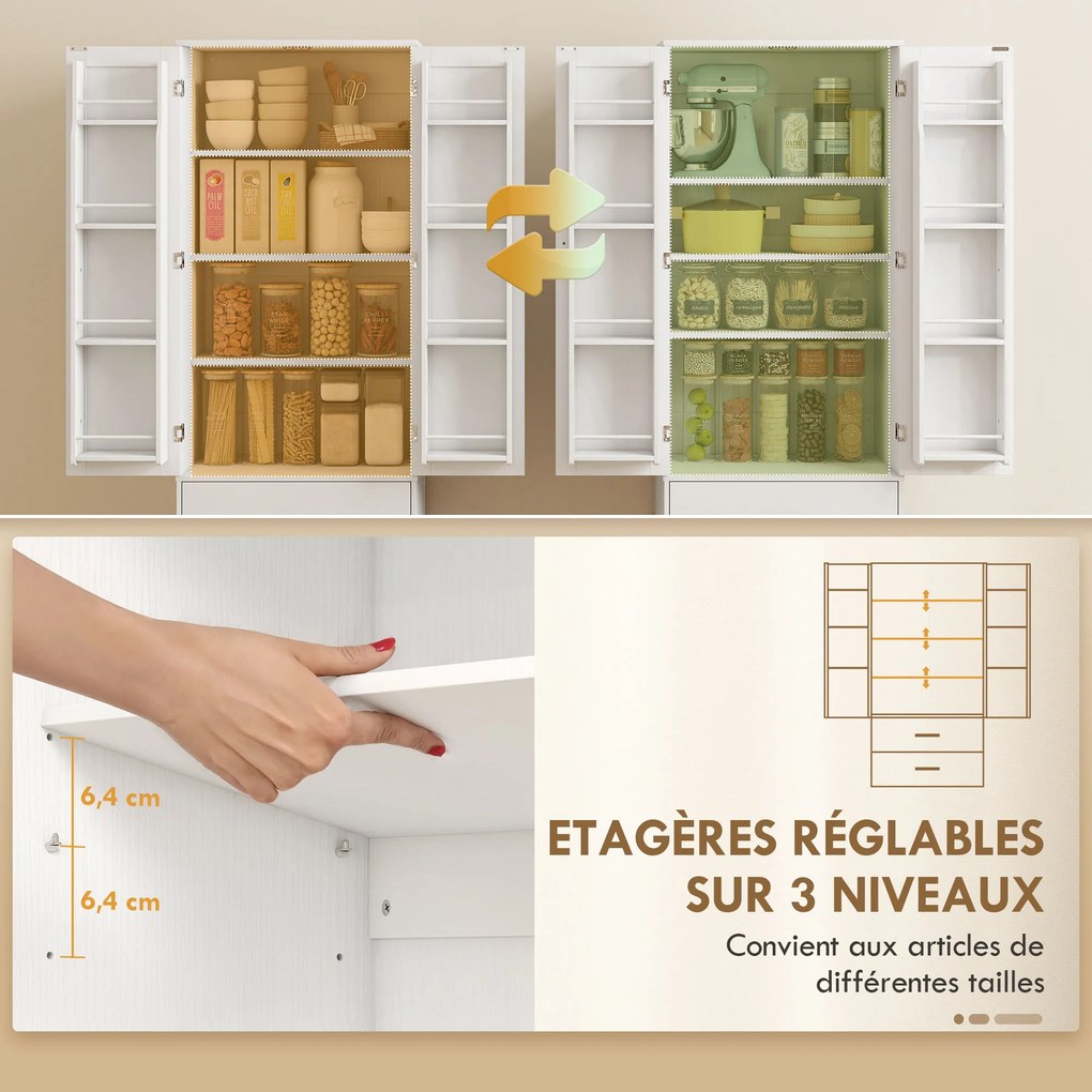 Armário alto de cozinha 60 x 40 x 159 cm com2 portas, 8 suportes para especiarias, 2 gavetas, prateleiras ajustáveis, , branco