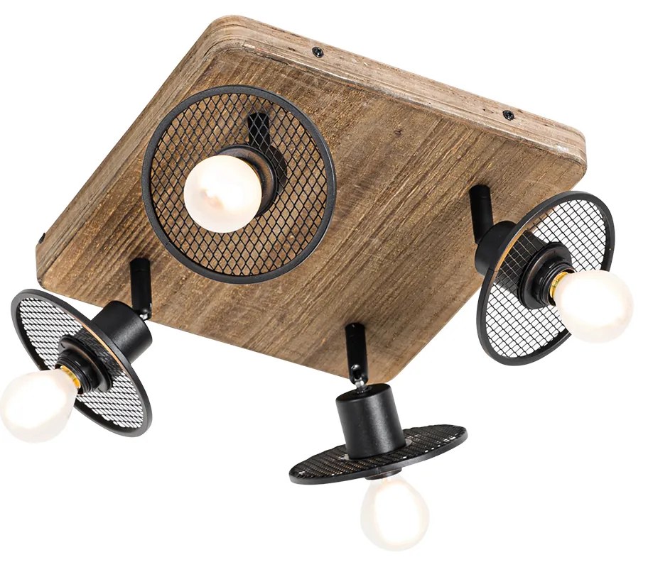 Luminária de teto industrial preto com madeira 4 luzes - Jasmine