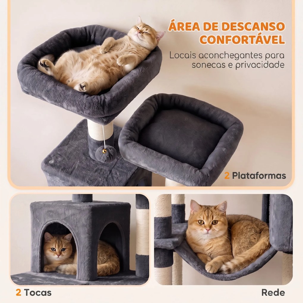Árvore Arranhadora para Gatos 204 cm Multinível com 2 Tocas Rede 2 Camas Postes de Sisal Escada e 2 Bolas Cinza Escuro