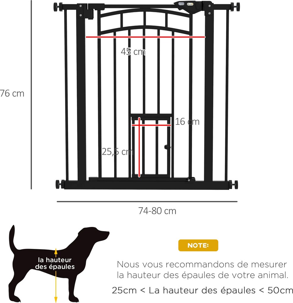 Barreira de segurança para animais com fecho automático, sem necessidade de perfuração, de 74 a 80 cm, em aço preto