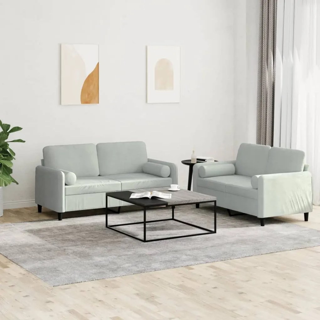3201994 vidaXL 2 pcs conjunto de sofás com almofadas veludo cinzento-claro