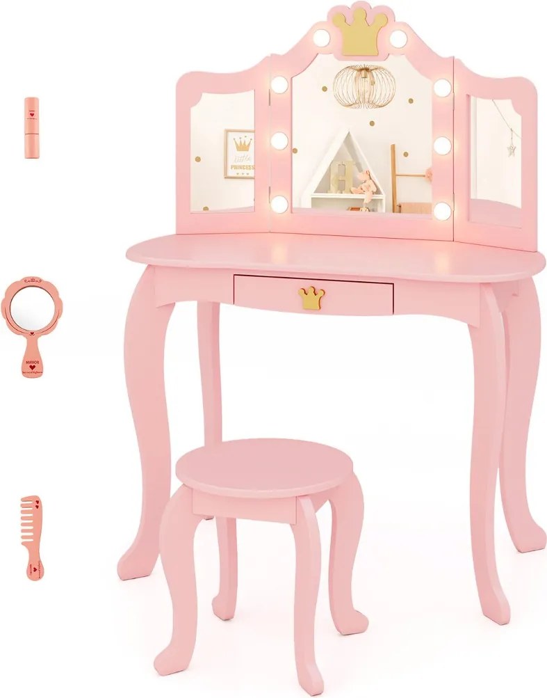 Conjunto de Toucador e armário para joias para meninas com espelho dobrável LED e espelho de corpo inteiro Rosa