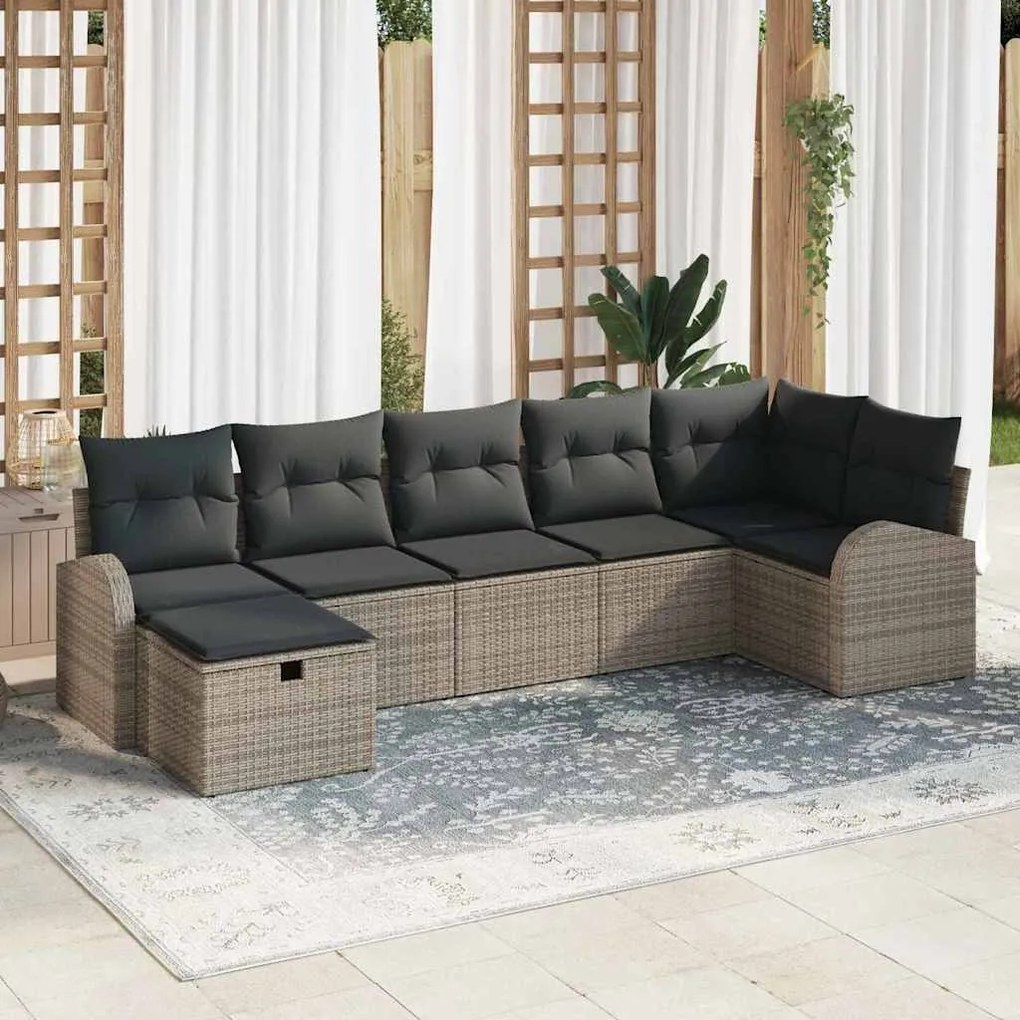 vidaXL Conjunto de sofá de jardim de 7 peças com almofadas cinzas e em rattan