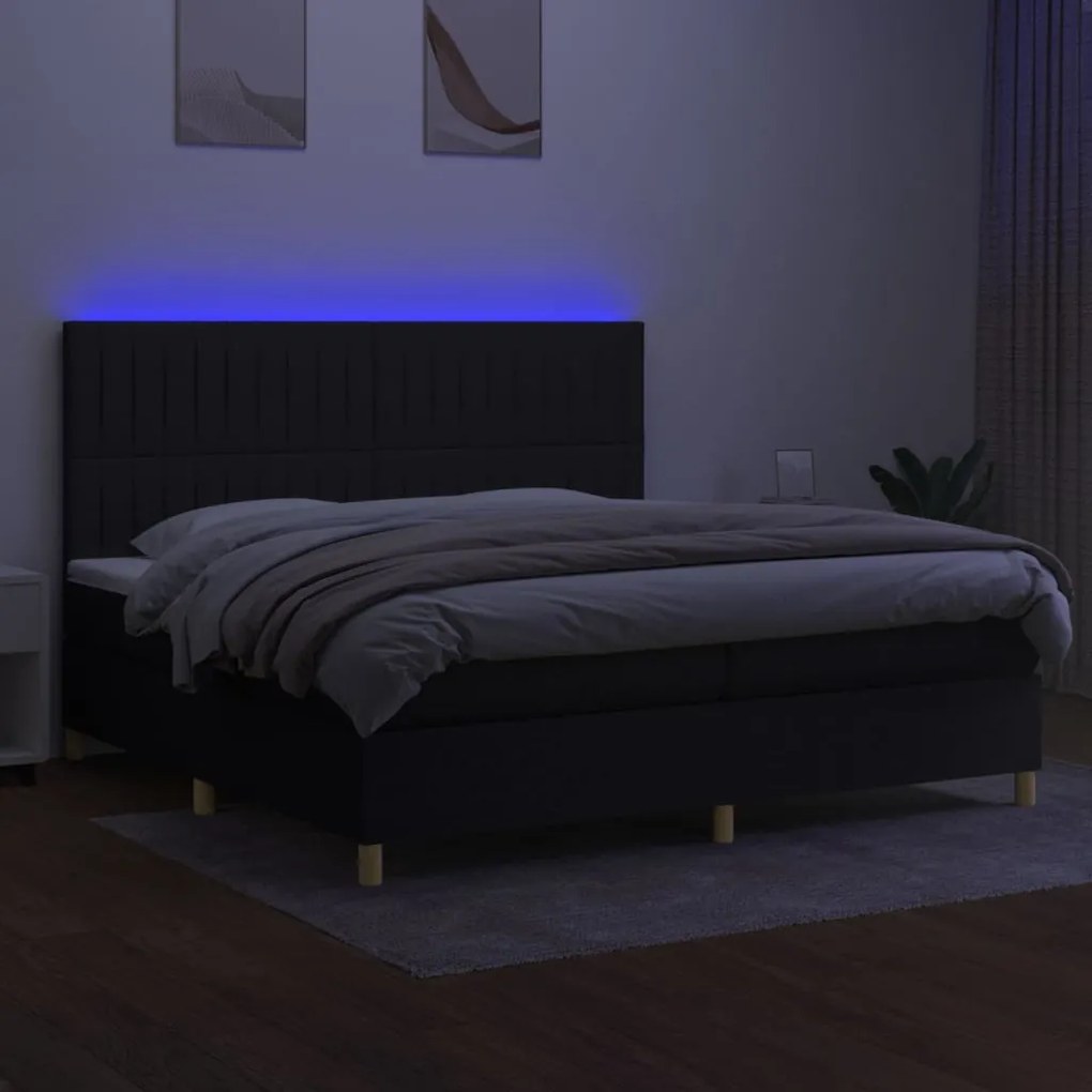 Cama box spring c/ colchão e LED 200x200 cm tecido preto