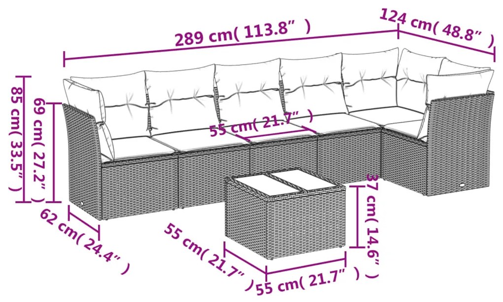 7 pcs conjunto de sofás jardim c/ almofadões vime PE castanho