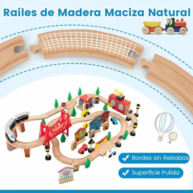 Mesa de jogos de comboio em madeira maciça, 80 peças, para crianças, trilhos comboio para meninos e meninas a partir de 3 anos, 82,5 x 60 x 40 cm, mul