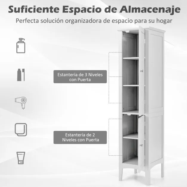 Armário de casa de banho alto com 5 níveis de arrumação estreito 37 x 37 x 160 cm Branco