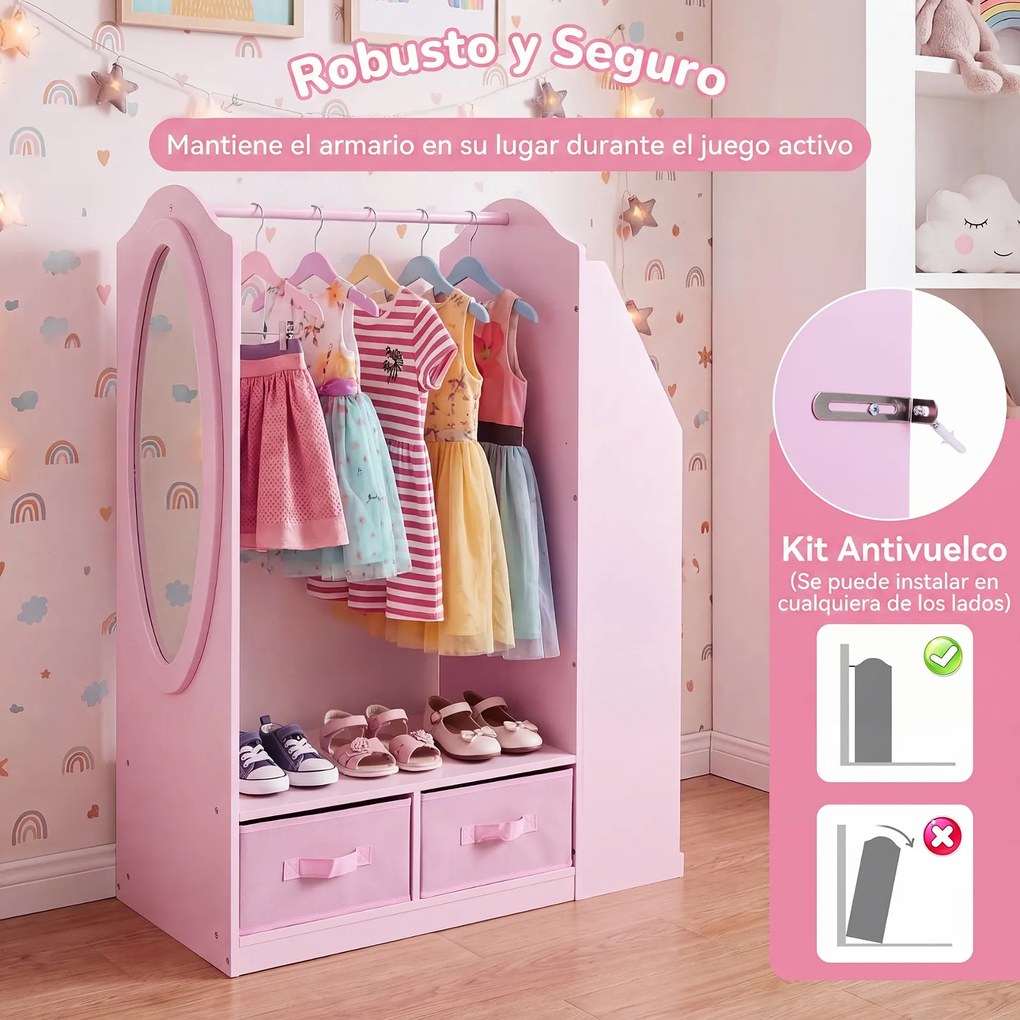 Armário Infantil com Espelho, 81 x 37 x 108 cm, Arrumação Multifuncional, Rosa