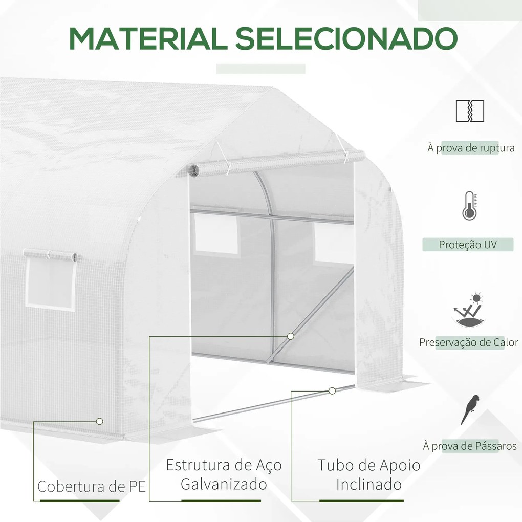 Estufa Tipo Túnel 445x299x200cm com Porta Enrolável 6 Janelas Estufa para Cultivo de Plantas Verduras Branco