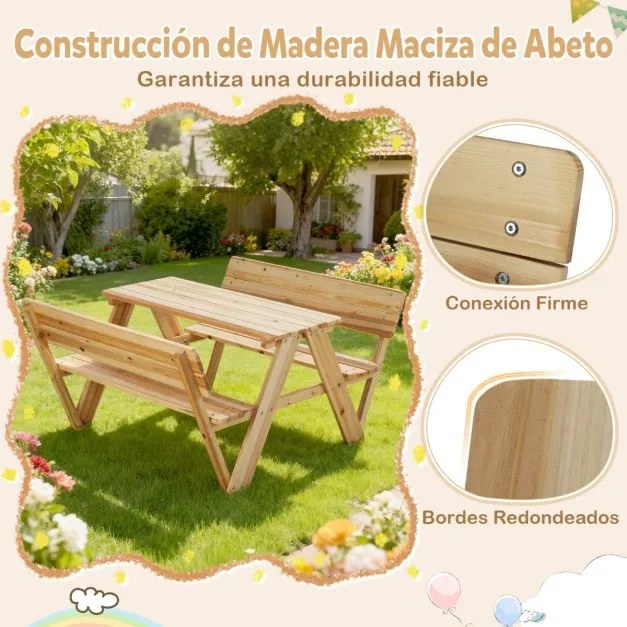 Mesa de piquenique para crianças com mesa e cadeira para atividades ao ar livre com 2 bancos incorporados natural