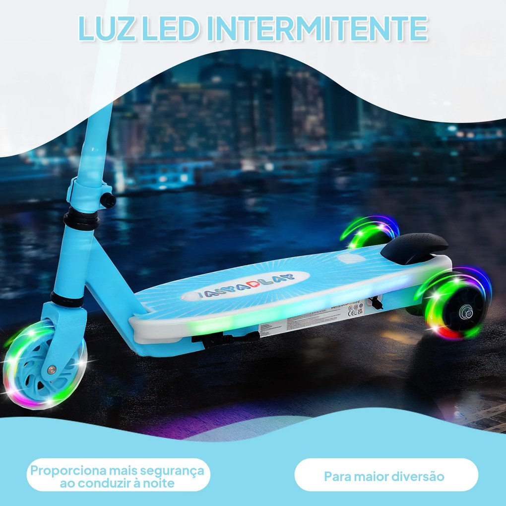 Trotinete Elétrica para Crianças Máx. 6 km/h Motor 80 W Autonomia Máxima 8 km com Luzes LED Travão Traseiro Azul Claro
