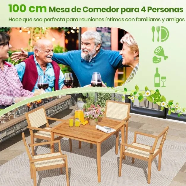 Mesa de jantar jardim exterior para 4 pessoas quadrada 100 cm com orifício para guarda-sol de 5 cm Natural