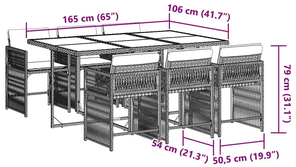 7 pcs conjunto de jantar p/ jardim c/ almofadões vime PE cinza