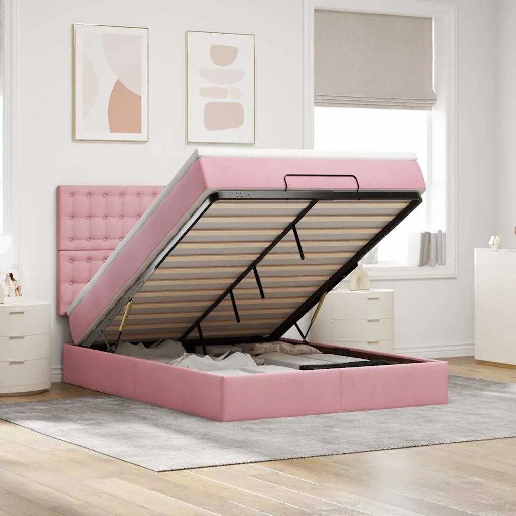 vidaXL Estrutura de cama otomana com colchões 140x190 cm veludo rosa