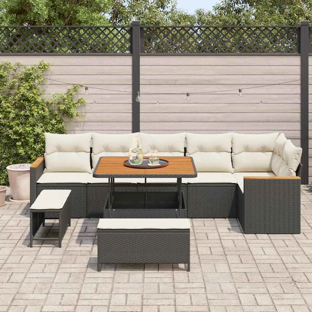 Conjunto de Sofá de Jardim de 9 Peças com Almofadas Preto Rattan Acáci