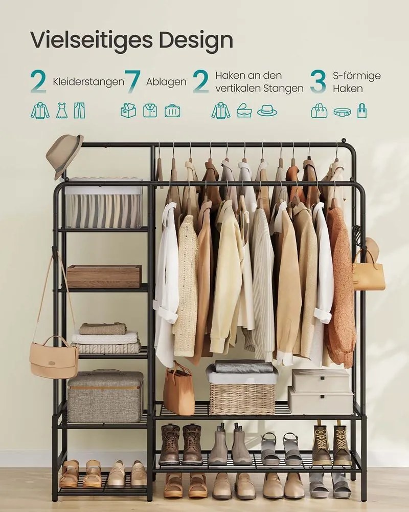 Guarda roupa 45 x 195 x 172,8 cm de metal com 9 prateleiras para quarto, preto