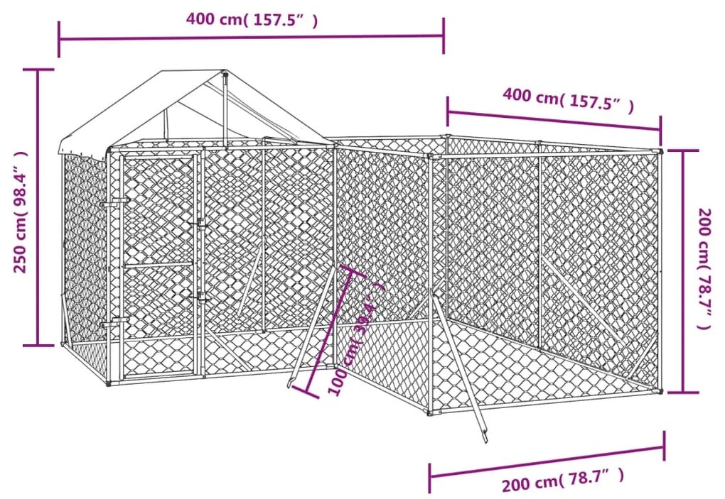 Canil de exterior com teto 4x4x2,5 m aço galvanizado prateado