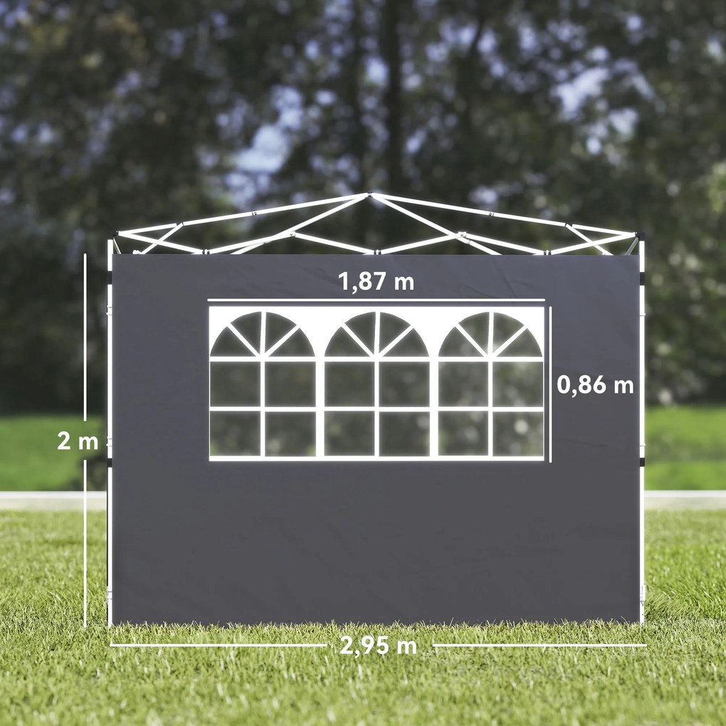 Paredes Laterais para Tenda de 295x200 cm 2 Painéis de Tecido Oxford de 300x200 cm com Janela para Festas Cinzento Escuro