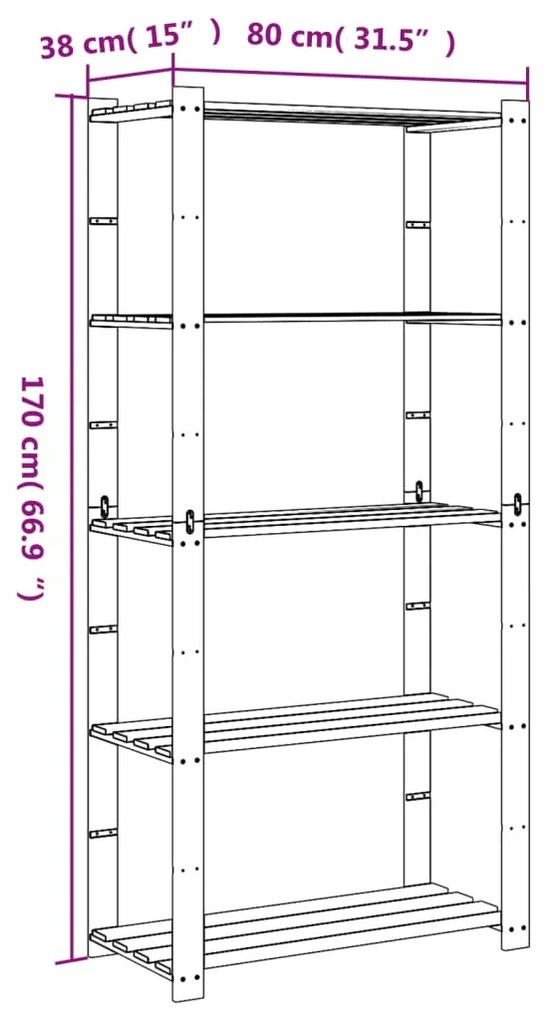 Unidade arrumação 5 prateleiras 80x38x170 cm pinho maciço cinza