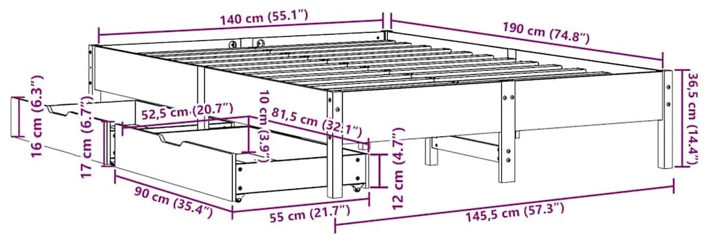 Cama sem colchão 140x190 cm pinho maciço castanho-mel