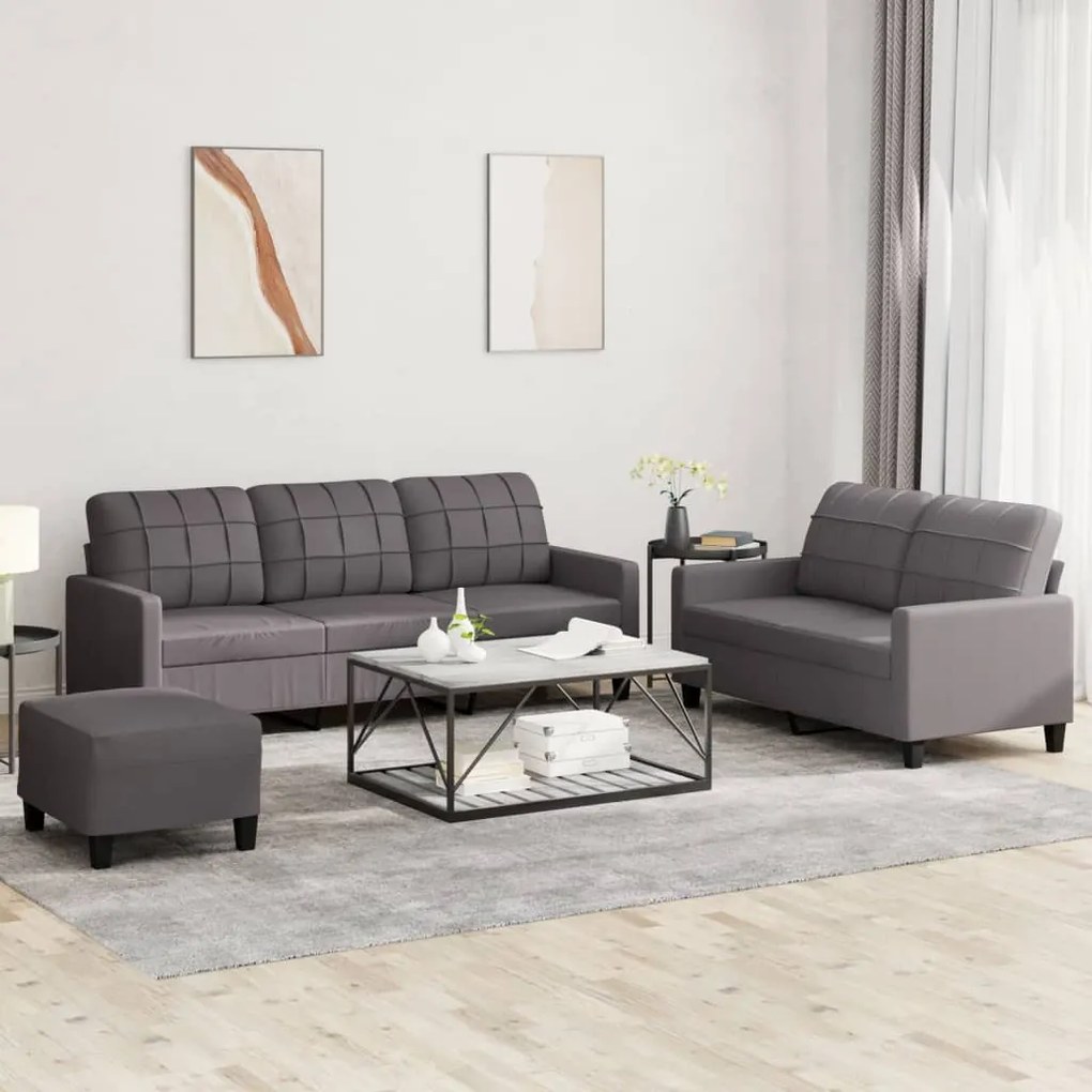 3201385 vidaXL 3 pcs conjunto de sofás c/ almofadões couro artificial cinzento