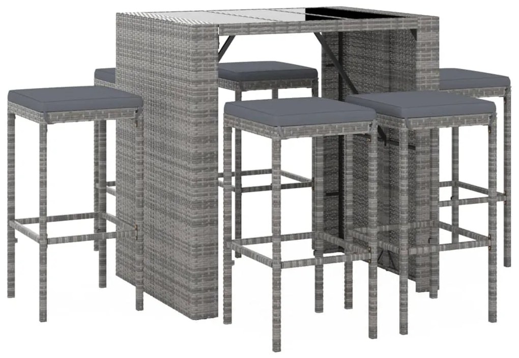 7 pcs conjunto de bar p/ jardim c/ almofadões vime PE cinzento