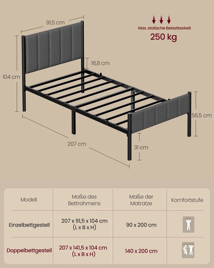 Estrutura de cama 90 x 200 cm (COLCHÂO NÃO INCLUIDO)  com estrado ripas de aço cinza ardósia