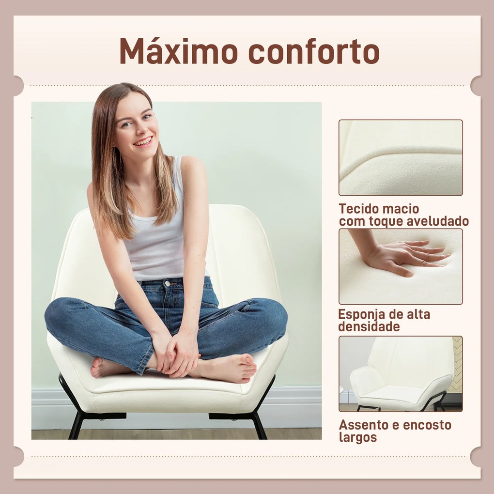 Poltrona Sala de Estar Moderna Poltrona de Leitura com Assento Largo e Acolchoado Estofada em Veludo Pés de Metal 70x67,5x87 cm Creme