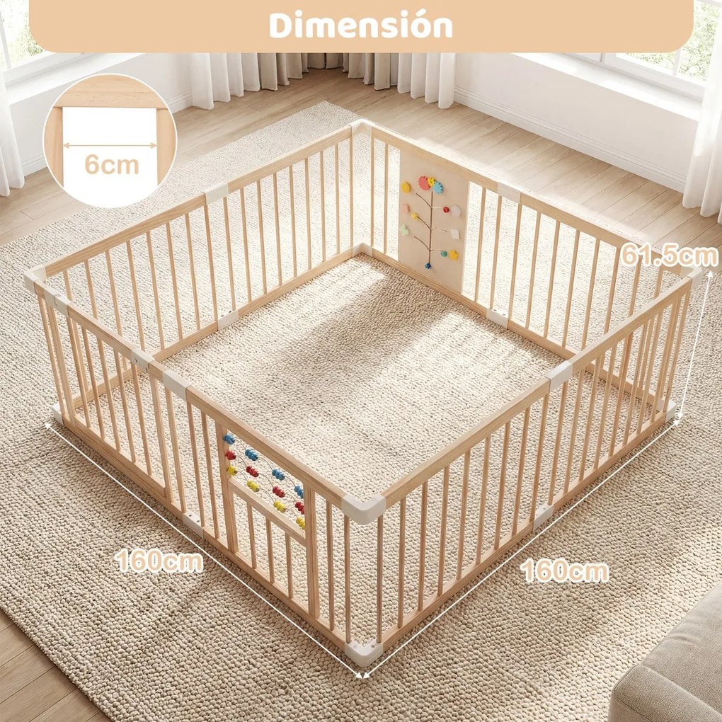 Parque infantil Bebe Madeira 160 x 160 x 61,5 cm com brinquedos Montessori, porta bidirecional, fecho de segurança e forma ajustável, natural