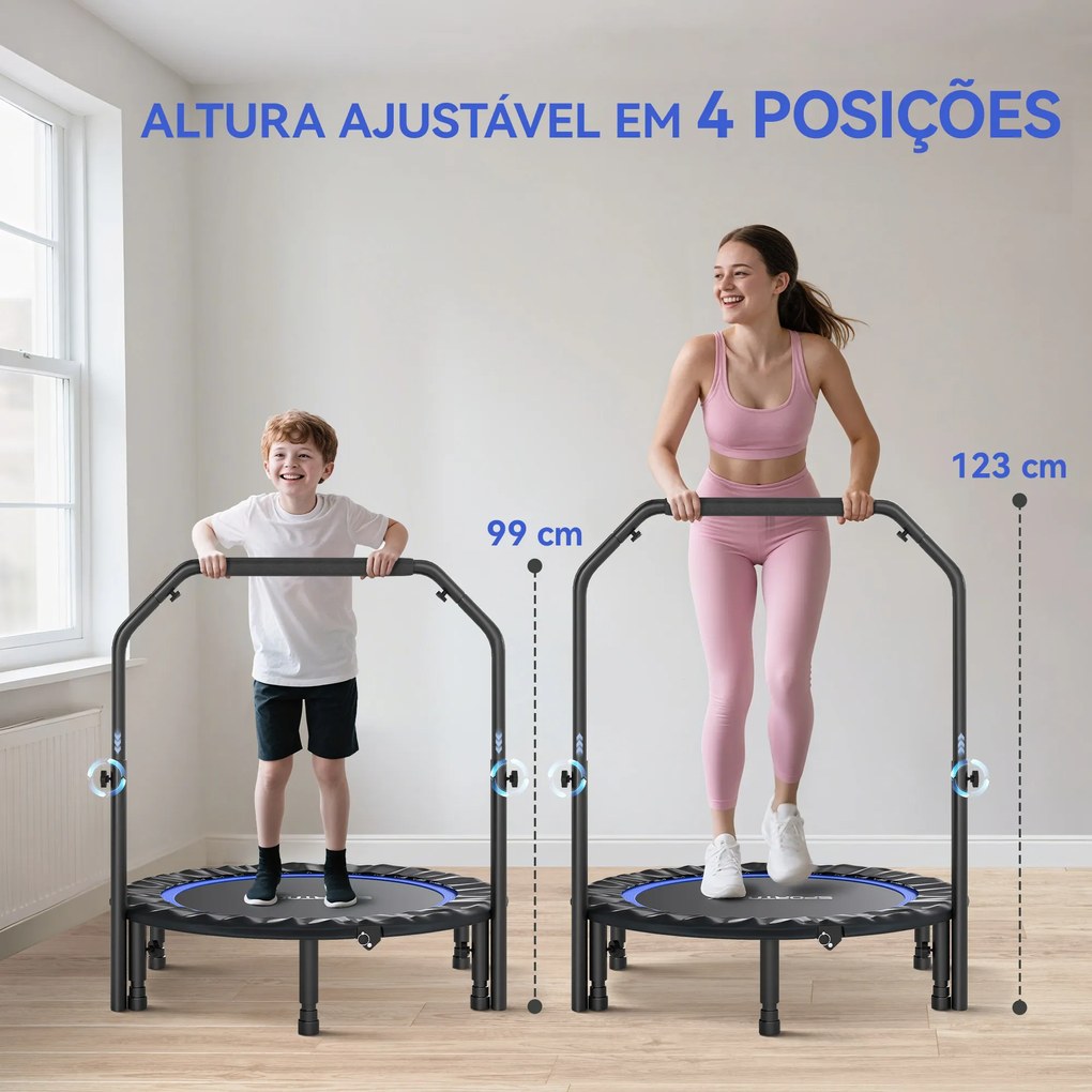 Trampolim de Fitness Ø102 cm Dobrável com Guiador Ajustável de 4 Níveis e Bandas para Treino de Pernas e Corpo Azul