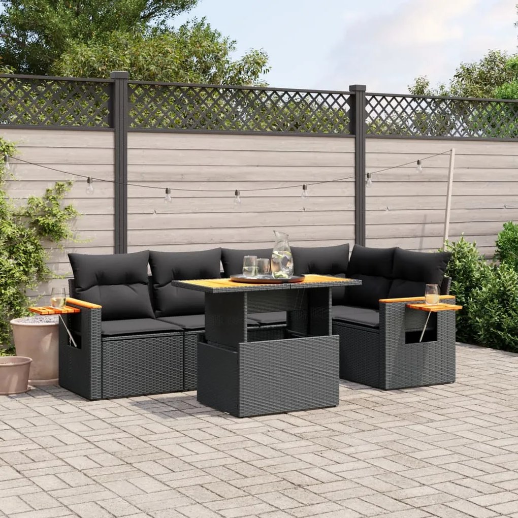vidaXL 6 pcs conjunto sofás de jardim c/ almofadões vime PE preto
