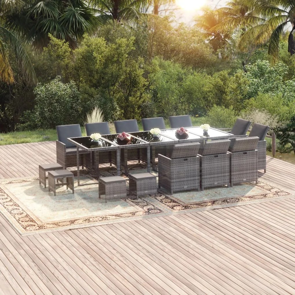 vidaXL 15 pcs conjunto jantar p/ jardim c/ almofadões vime PE cinzento