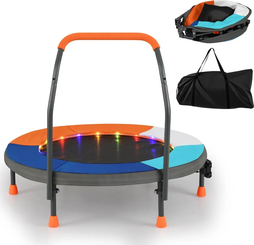 Mini-trampolim para crianças de 90 cm com luzes, dobrável, com barra de espuma e capa de segurança acolchoada multicolorida 1