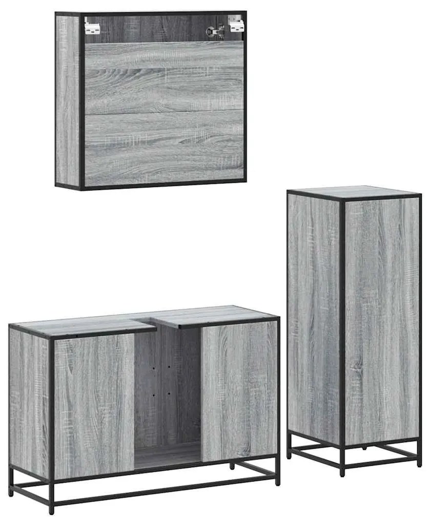 3 pcs Conjunto móveis casa de banho madeira proc. cinza sonoma