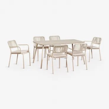 Conjunto De Mesa Retangular 160x90 Cm E 6 Cadeiras De Jantar Empilháveis Em Corda Trançada Arhiza Tapioca Bege - Sklum